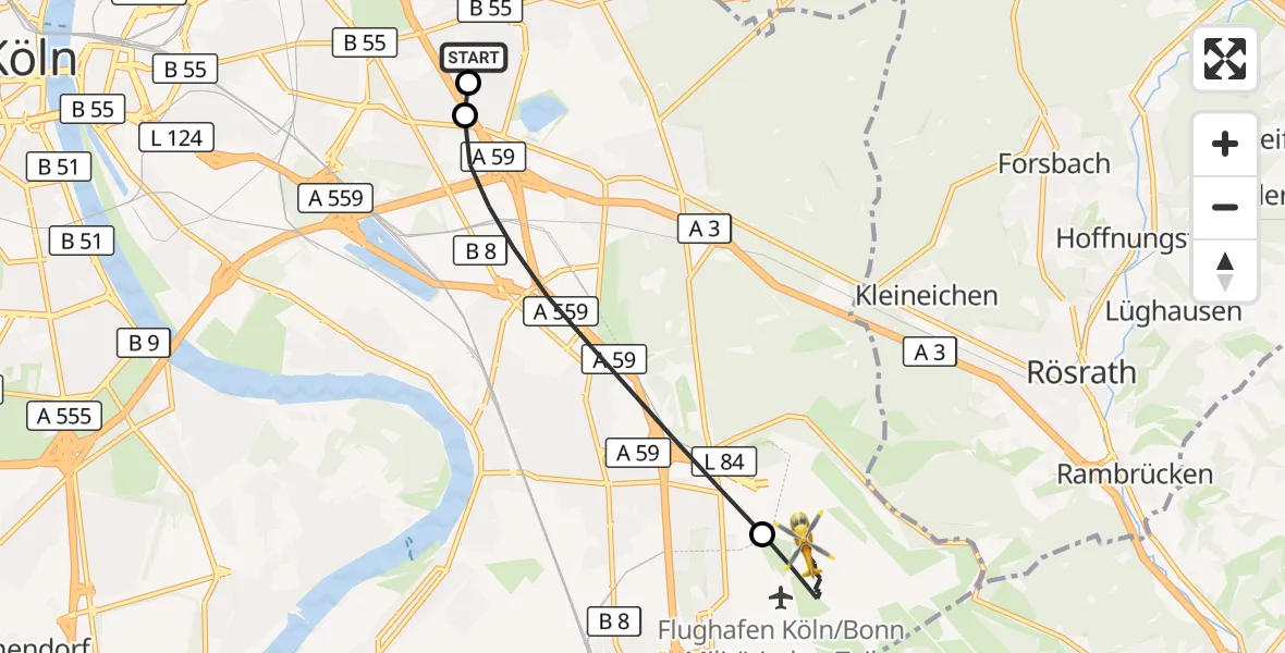 Flugroute Rettungshubschrauber Merheim Hospital - Köln Bonn Flughafen, 14 Juni 2026, 12:37