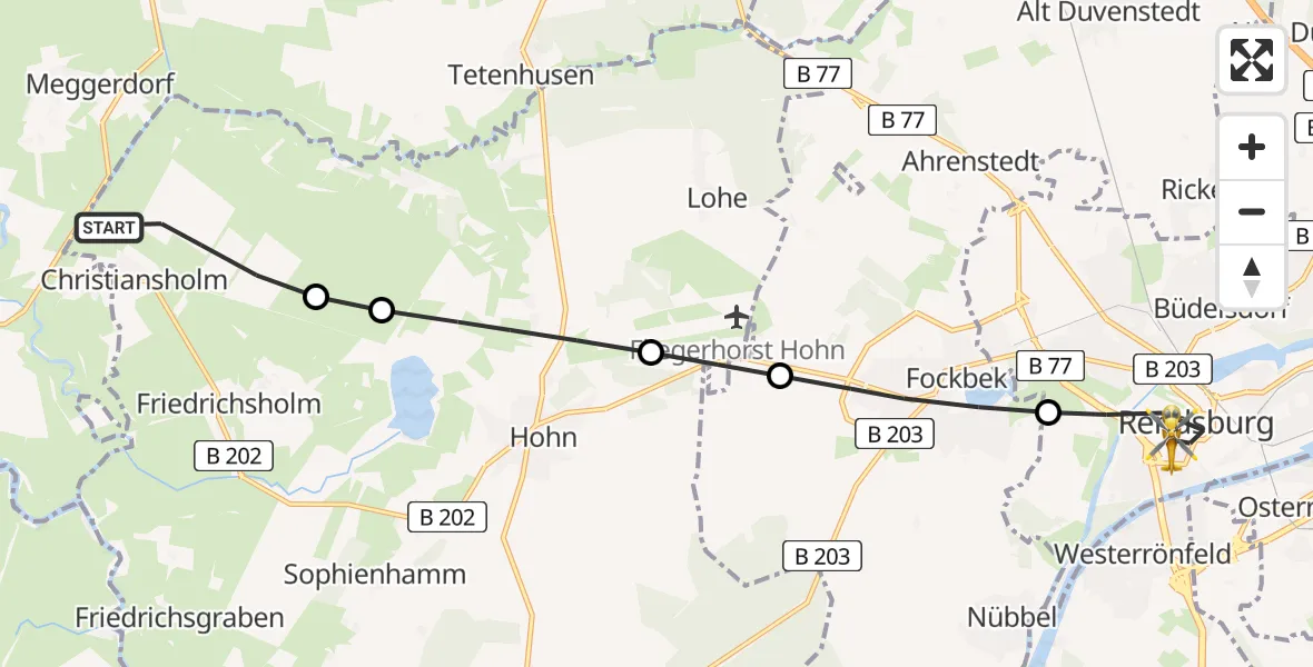 Flugroute Ambulanzhubschrauber Christiansholm - Rendsburg, 14 Juni 2026, 12:53