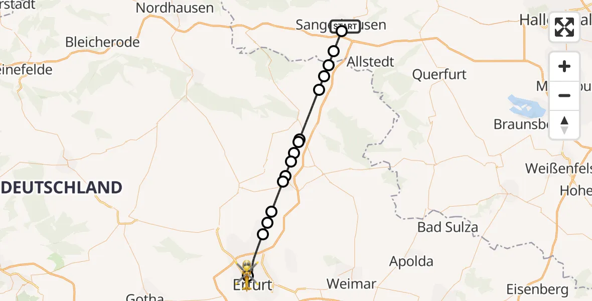 Flugroute Rettungshubschrauber Helios Clinic Mansfeld-Südharz - Helios Clinic Erfurt, 14 Juni 2026, 12:56
