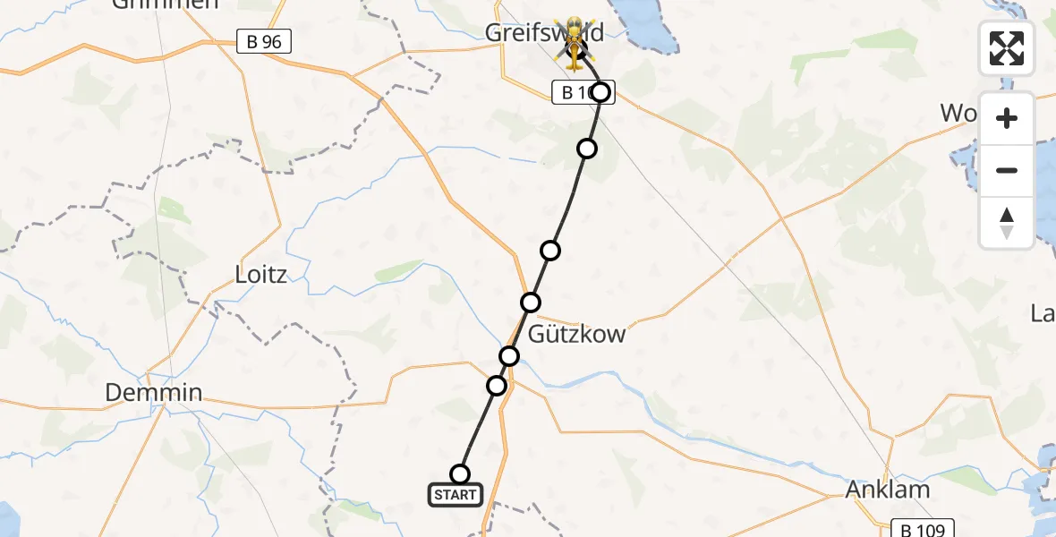 Flugroute Rettungshubschrauber Daberkow - Greifswald Hospital, 14 Juni 2026, 13:05
