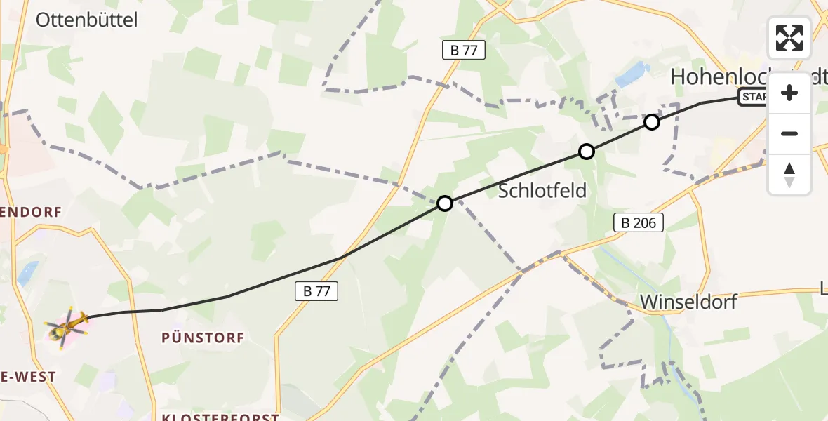 Flugroute Rettungshubschrauber Hohenlockstedt - Itzehoe, 14 Juni 2026, 13:14