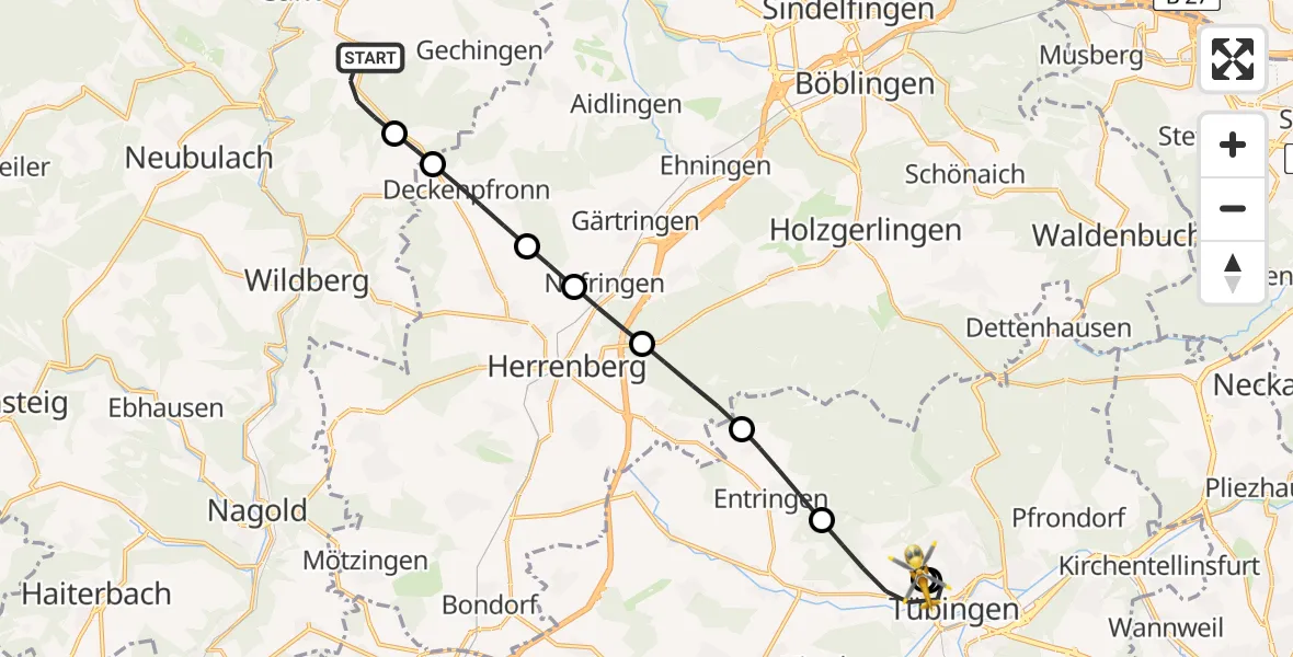 Flugroute Rettungshubschrauber Calw - Tübingen University Hospital, 14 Juni 2026, 13:14