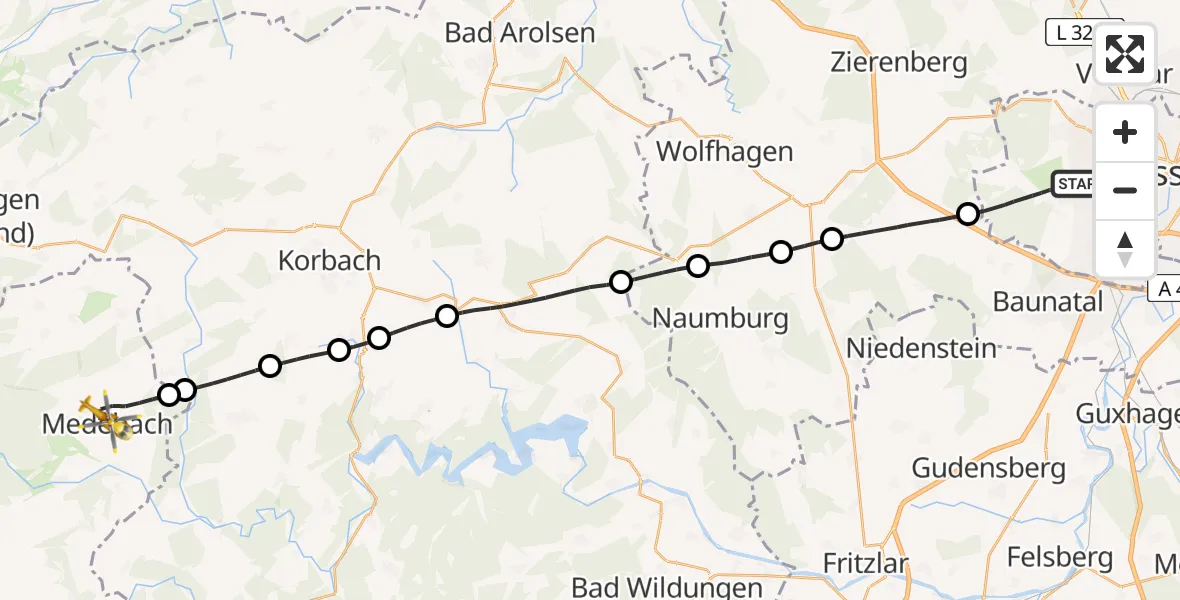 Flugroute Rettungshubschrauber Kassel - Medebach, 14 Juni 2026, 13:15