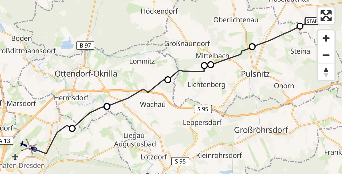 Flugroute Polizeihubschrauber Haselbachtal - Dresden Bundespolizei Hubschrauberlandeplatz, 14 Juni 2026, 13:21