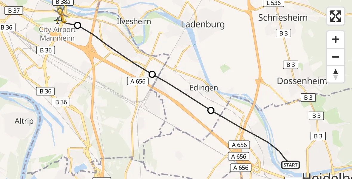 Flugroute Rettungshubschrauber Heidelberg - Mannheim-City Flughafen, 14 Juni 2026, 13:29