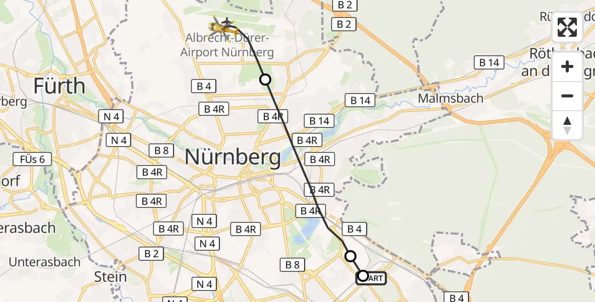 Flugroute Ambulanzhubschrauber Nürnberg South Hospital - Flughafen Nuremberg, 14 Juni 2026, 13:34