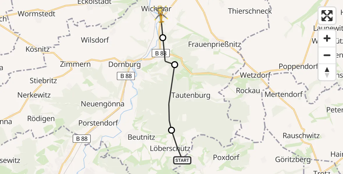 Flugroute Rettungshubschrauber Löberschütz - Wichmar, 14 Juni 2026, 13:40