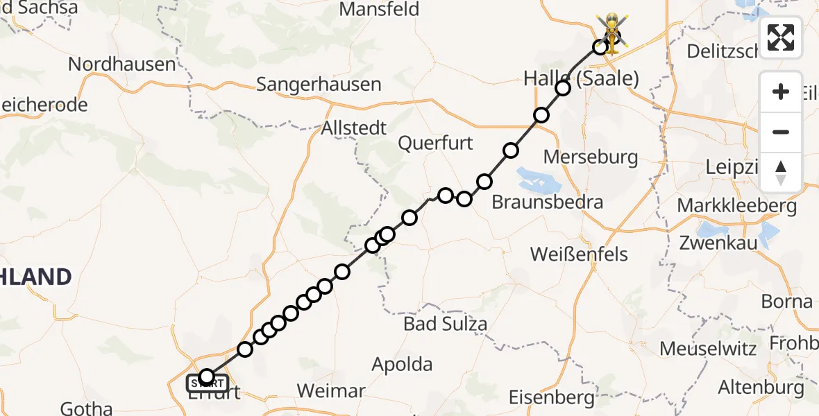 Flugroute Rettungshubschrauber Helios Clinic Erfurt - Halle-Oppin Flugplatz, 14 Juni 2026, 13:44