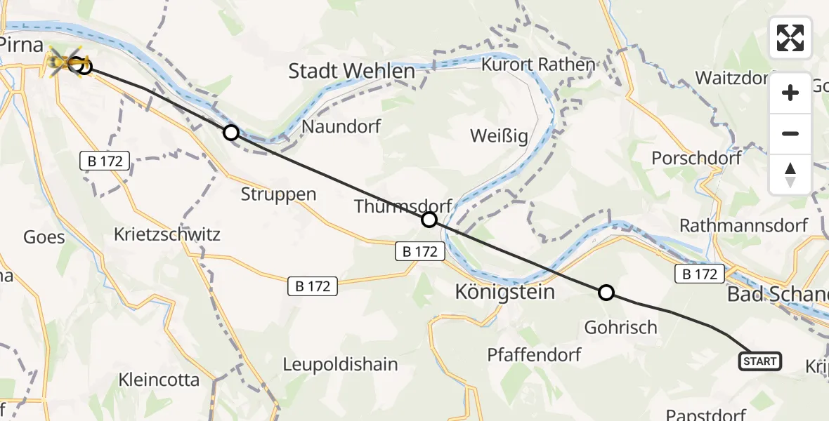 Flugroute Rettungshubschrauber Gohrisch - Pirna Hospital, 14 Juni 2026, 13:45