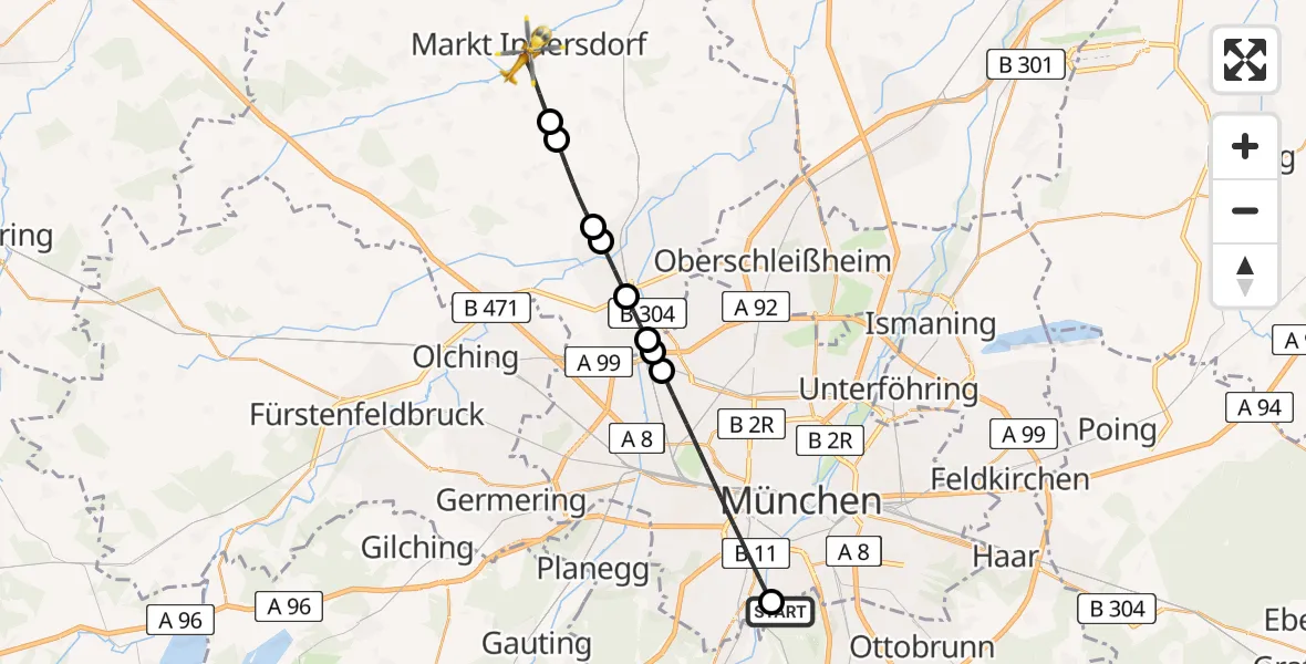 Flugroute Rettungshubschrauber ADAC Air Rescue Center Hubschrauberlandeplatz (Christoph 1) - Markt Indersdorf, 14 Juni 2026, 13:51
