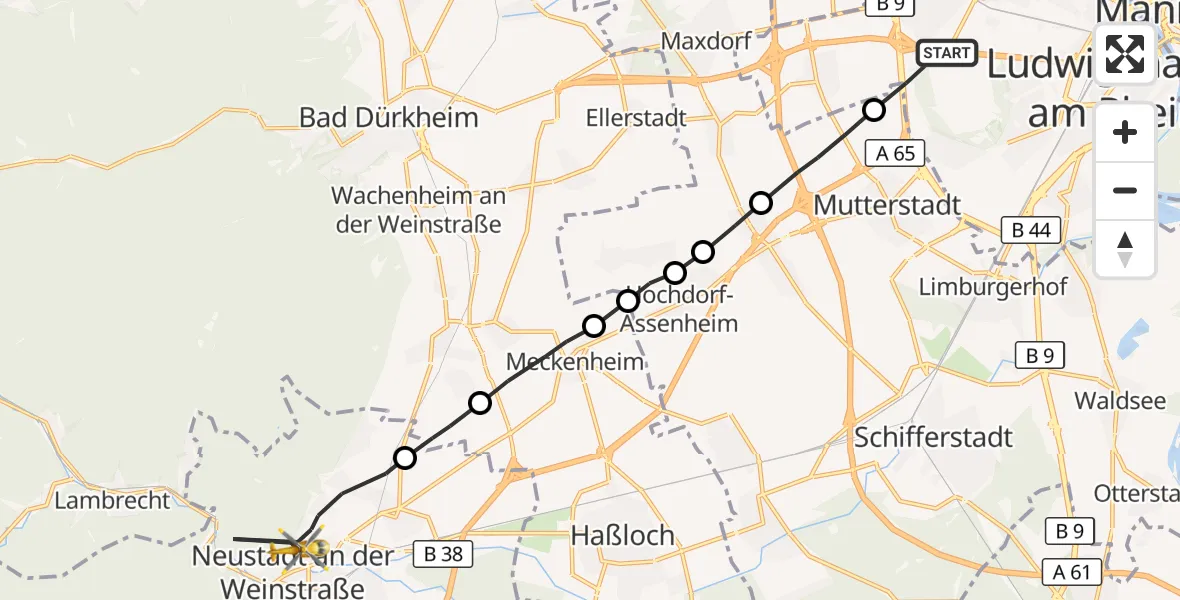 Flugroute Rettungshubschrauber Ludwigshafen am Rhein - Neustadt an der Weinstraße, 14 Juni 2026, 13:57