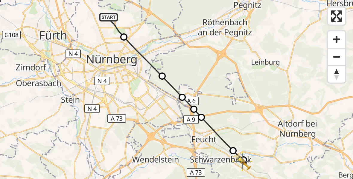 Flugroute Ambulanzhubschrauber Flughafen Nuremberg - Burgthann, 14 Juni 2026, 14:00