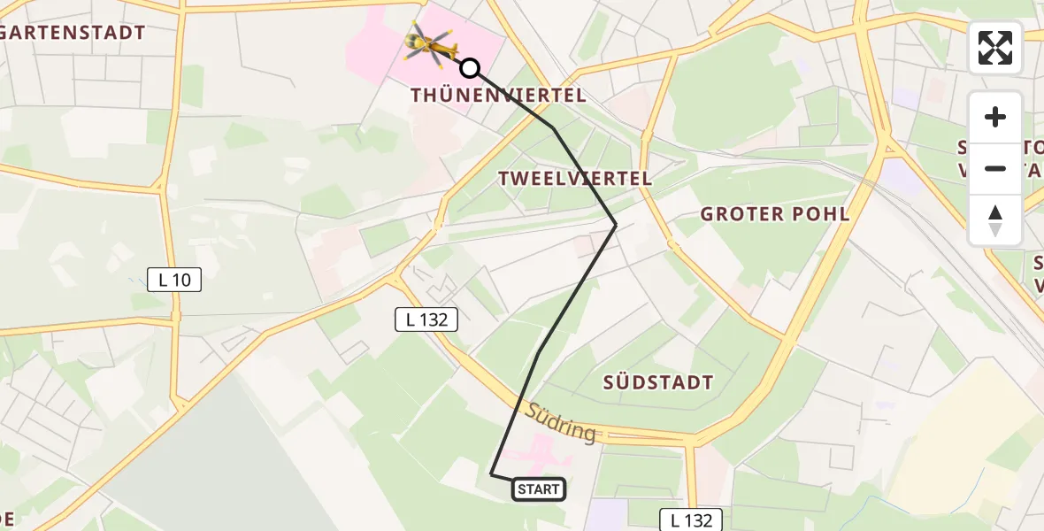 Flugroute Rettungshubschrauber Rostock - Rostock University Hubschrauberlandeplatz, 14 Juni 2026, 14:07