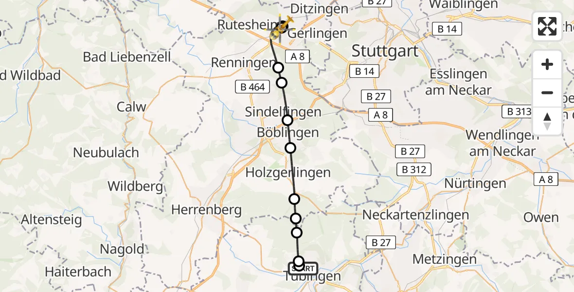 Flugroute Rettungshubschrauber Tübingen University Hospital - Leonberg Hospital, 14 Juni 2026, 14:12