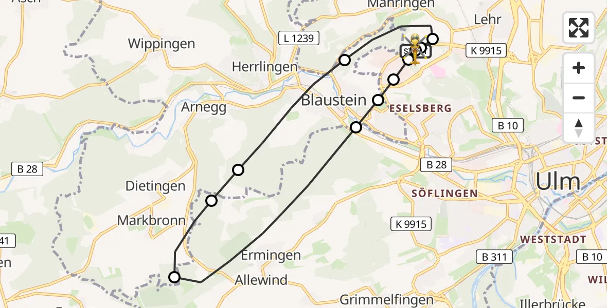 Flugroute Rettungshubschrauber Ulm Military Hospital Emergency - ADAC Air Rescue Station Ulm (Christoph 22), 14 Juni 2026, 14:17