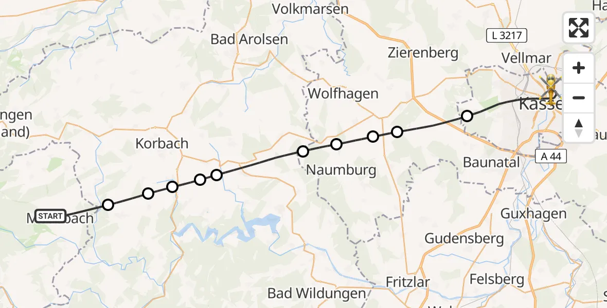 Flugroute Rettungshubschrauber Medebach - Kassel, 14 Juni 2026, 14:17