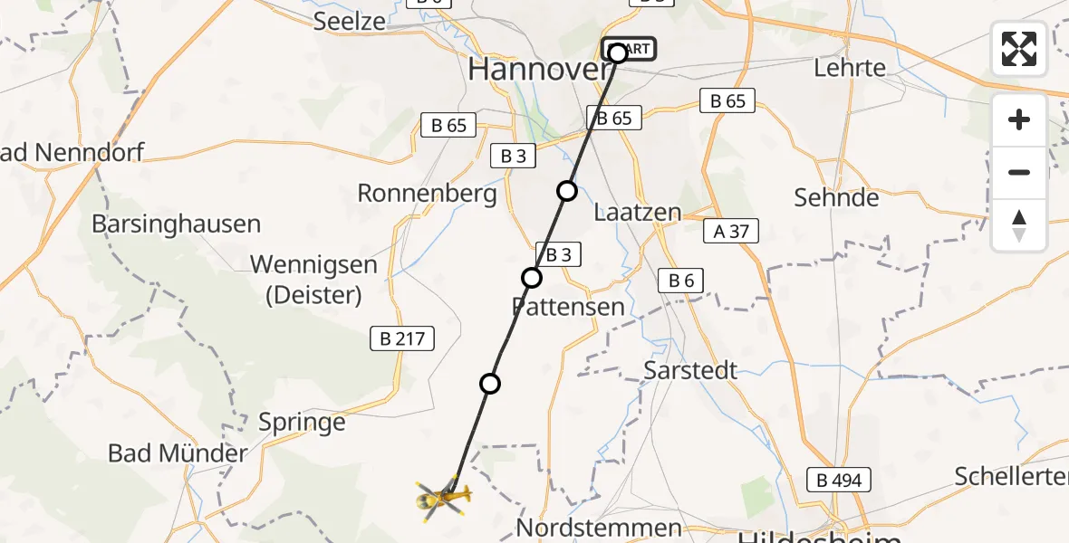 Flugroute Rettungshubschrauber Hannover Luftrettung Hubschrauberlandeplatz (Christoph 4) - Springe, 14 Juni 2026, 14:22