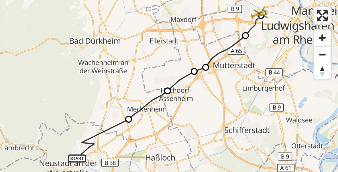 Flugroute Rettungshubschrauber Neustadt an der Weinstraße - Ludwigshafen Accident Hospital, 14 Juni 2026, 14:24