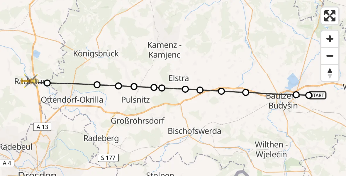 Flugroute Rettungshubschrauber Bautzen Flugplatz - Radeburg, 14 Juni 2026, 14:24