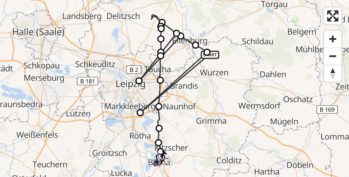 Flugroute Polizeihubschrauber Thallwitz - Sana Hospital Borna, 14 Juni 2026, 14:27