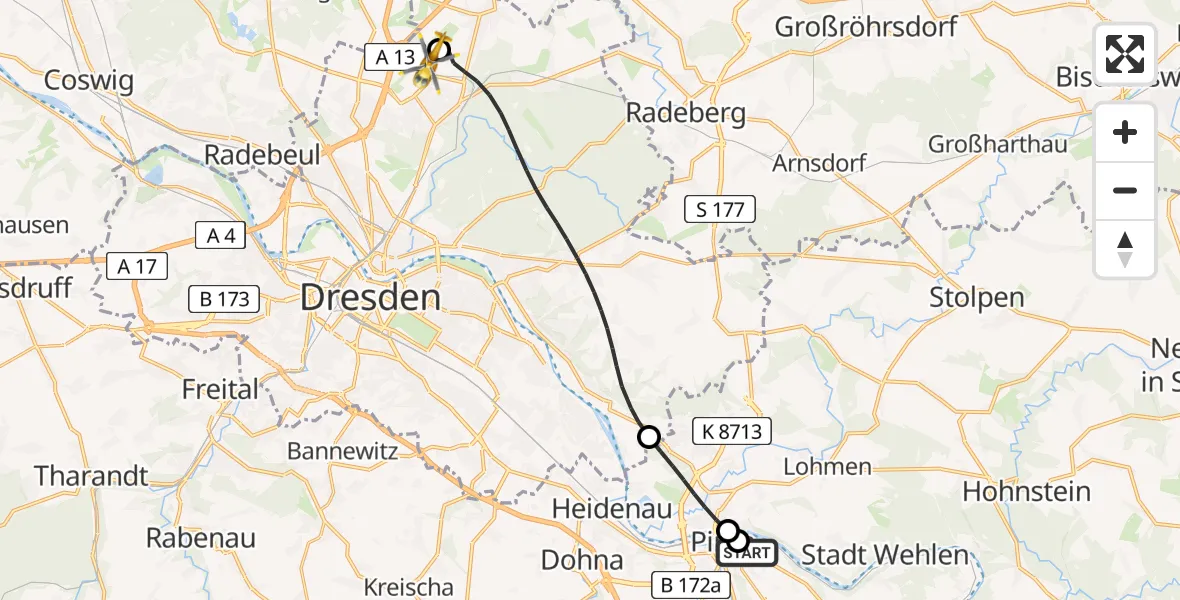 Flugroute Rettungshubschrauber Pirna Hospital - Dresden Bundespolizei Hubschrauberlandeplatz, 14 Juni 2026, 14:32