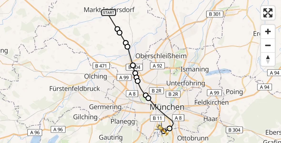 Flugroute Rettungshubschrauber Markt Indersdorf - ADAC Air Rescue Center Hubschrauberlandeplatz (Christoph 1), 14 Juni 2026, 14:34