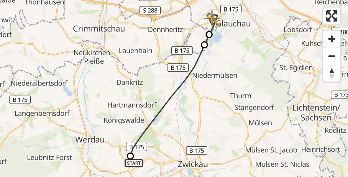 Flugroute Rettungshubschrauber ADAC Air Rescue Station Zwickau Hubschrauberlandeplatz - Glauchau, 14 Juni 2026, 14:42