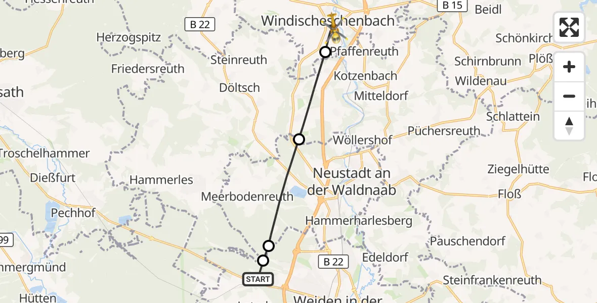 Flugroute Rettungshubschrauber Weiden i.d.OPf. - Windischeschenbach, 14 Juni 2026, 14:46