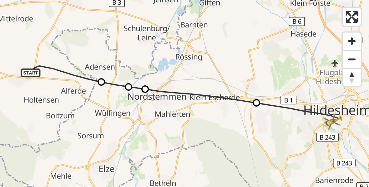 Flugroute Rettungshubschrauber Springe - Hildesheim, 14 Juni 2026, 14:50