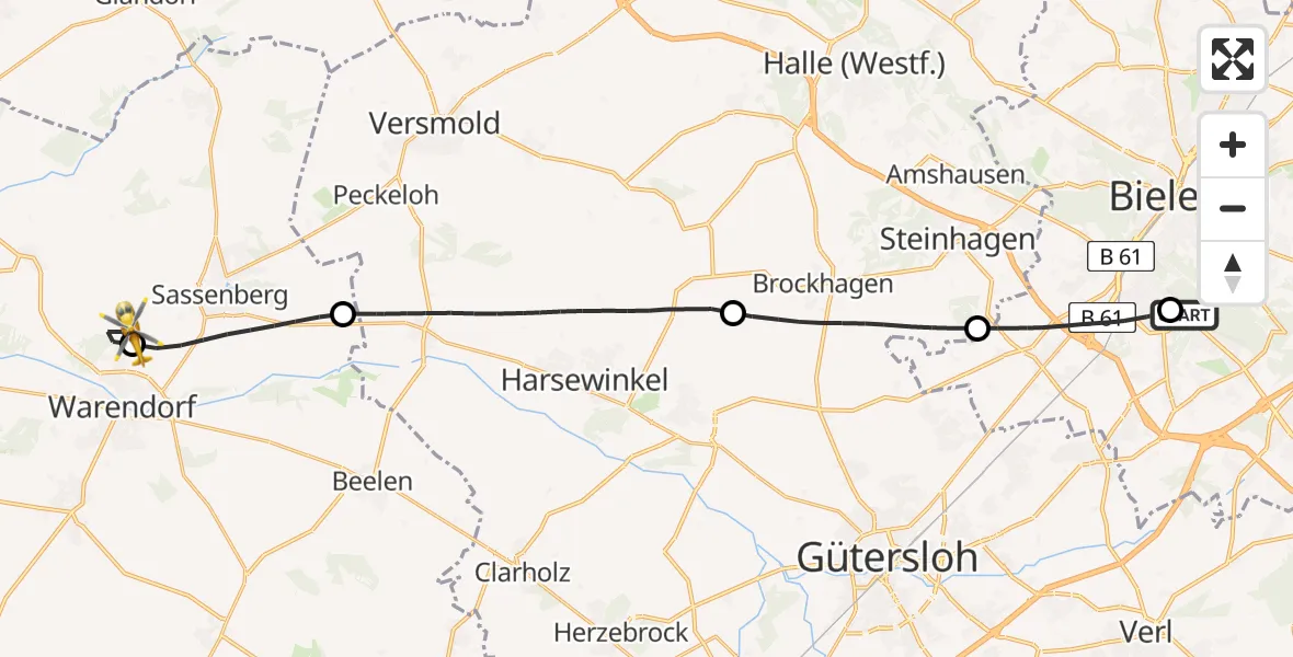 Flugroute Rettungshubschrauber Luftrettungszentrum Bielefeld - Warendorf, 14 Juni 2026, 15:00
