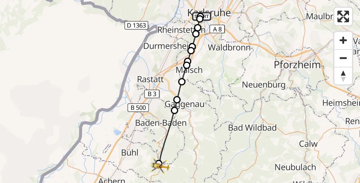 Flugroute Ambulanzhubschrauber Sankt Vincentius Hospital - Bühl, 14 Juni 2026, 15:01