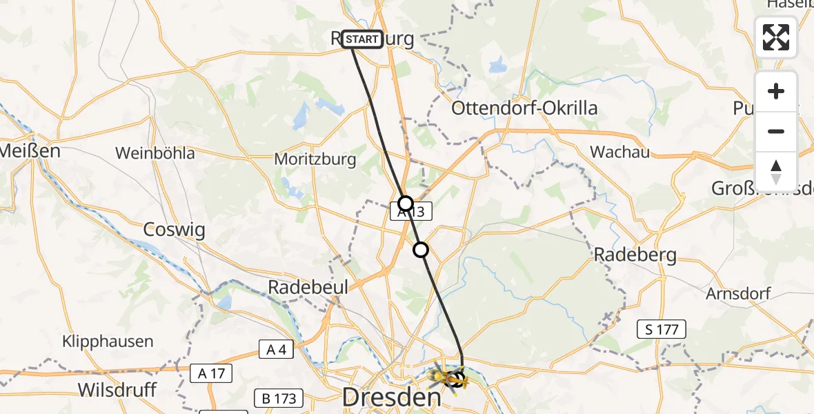 Flugroute Rettungshubschrauber Radeburg - Dresden University Hospital, 14 Juni 2026, 15:07