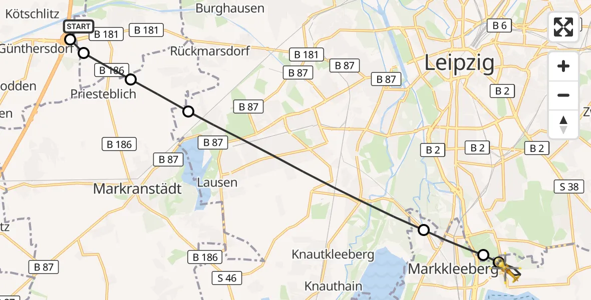 Flugroute Rettungshubschrauber ADAC Air Rescue Station Leipzig/Schkeuditz-Dölzig Hubschrauberlandeplatz (Christoph 61) - Markkleeberg, 14 Juni 2026, 15:16