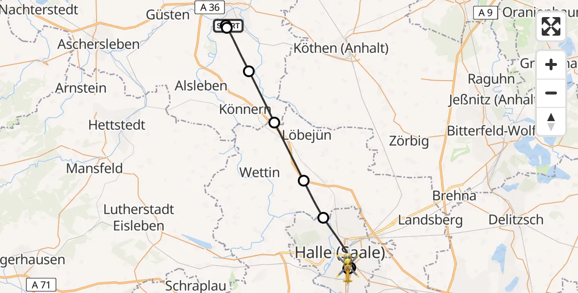 Flugroute Rettungshubschrauber AMEOS Hospital Bernburg - BG Hospital Bergmannstrost Halle, 14 Juni 2026, 15:18
