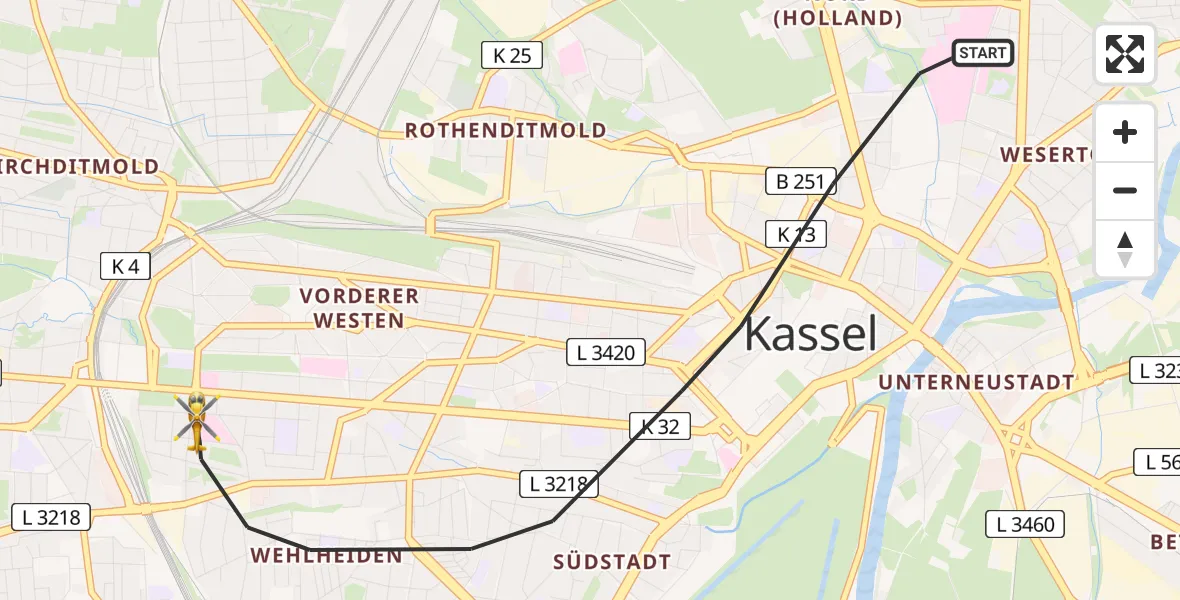 Flugroute Rettungshubschrauber Kassel - Kassel, 14 Juni 2026, 15:18