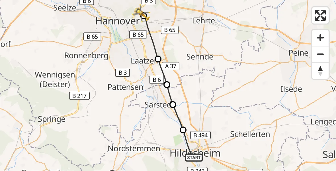 Flugroute Rettungshubschrauber Hildesheim - Hannover Luftrettung Hubschrauberlandeplatz (Christoph 4), 14 Juni 2026, 15:22