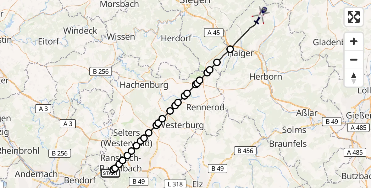 Flugroute Polizeihubschrauber Höhr-Grenzhausen - Dietzhölztal, 14 Juni 2026, 15:22
