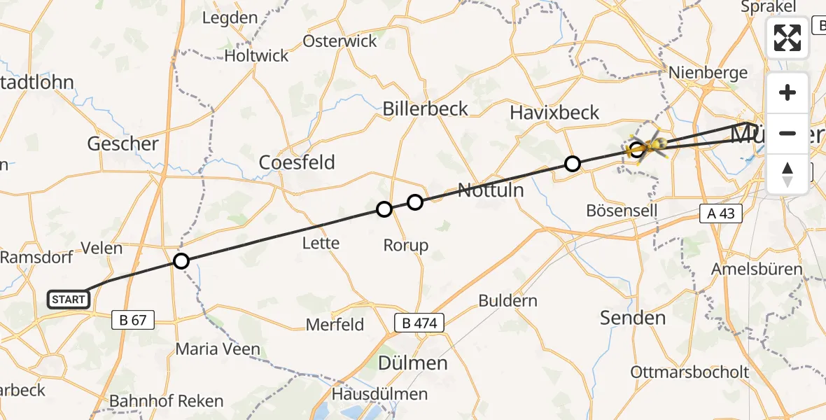 Flugroute Ambulanzhubschrauber Velen - Münster, 14 Juni 2026, 15:22