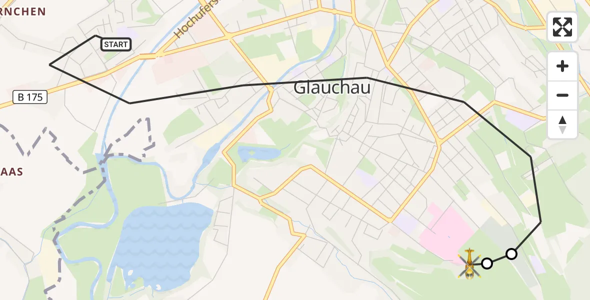Flugroute Rettungshubschrauber Glauchau - Rudolf Virchow Hospital Glauchau, 14 Juni 2026, 15:25