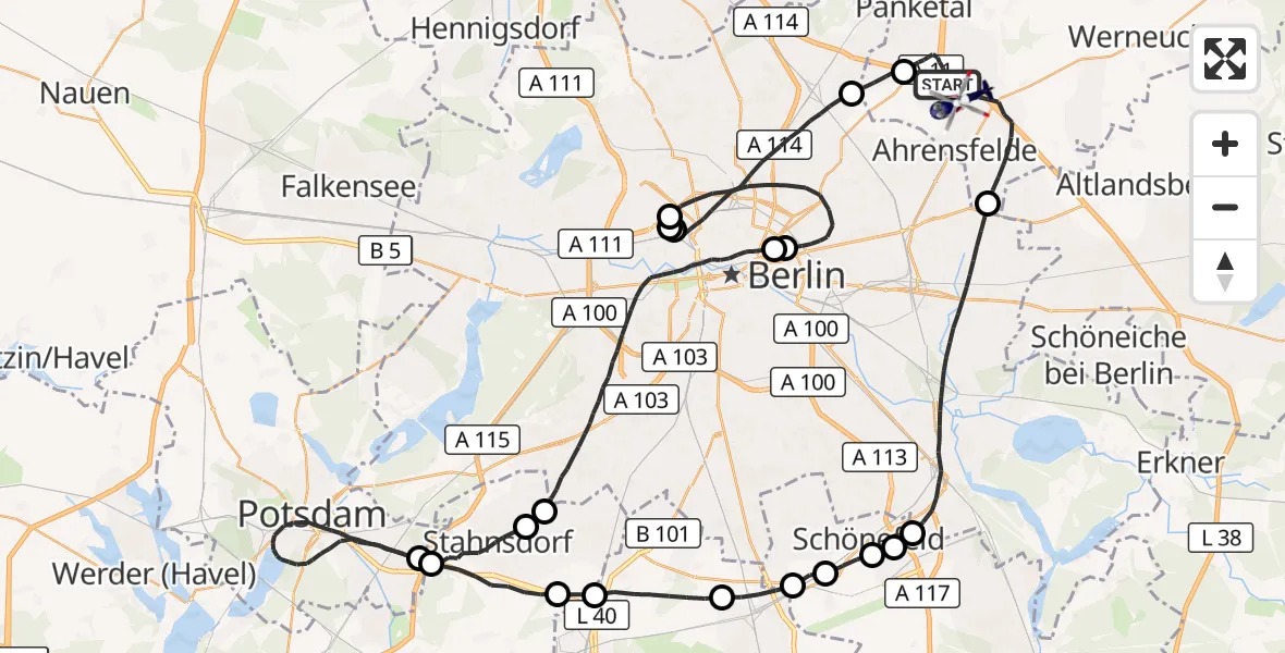 Flugroute Polizeihubschrauber Panketal - Ahrensfelde Hubschrauberlandeplatz, 14 Juni 2026, 15:33