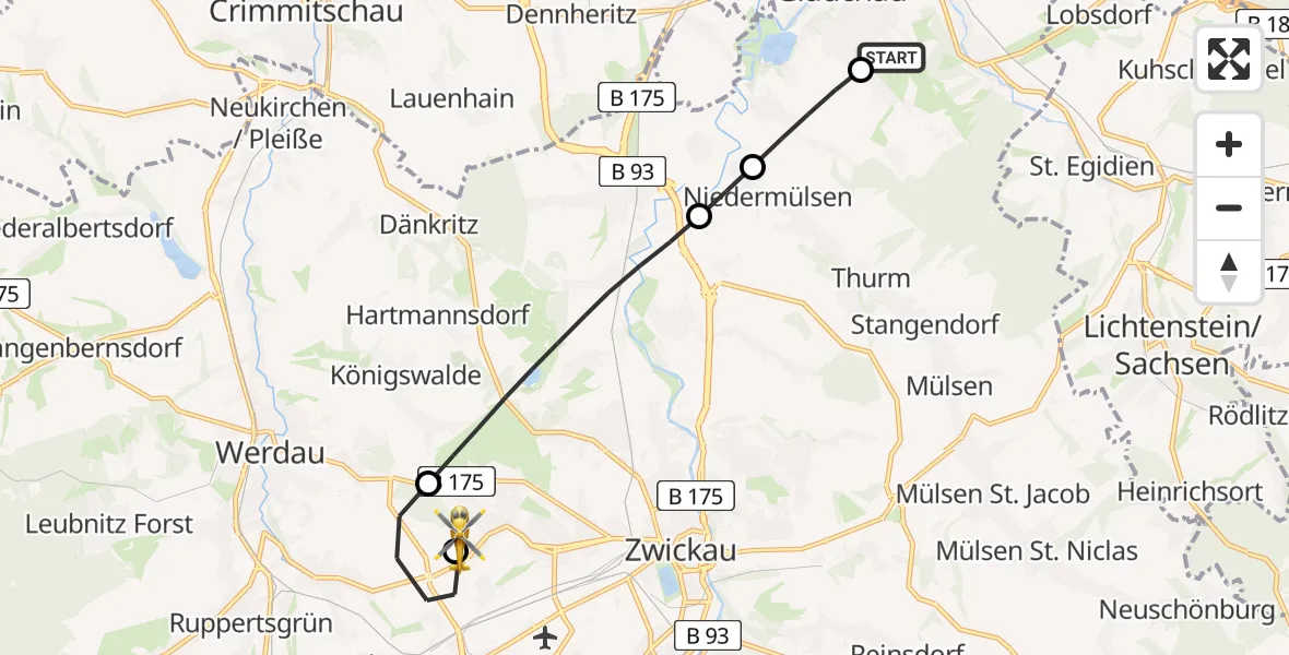 Flugroute Rettungshubschrauber Rudolf Virchow Hospital Glauchau - ADAC Air Rescue Station Zwickau Hubschrauberlandeplatz, 14 Juni 2026, 15:40