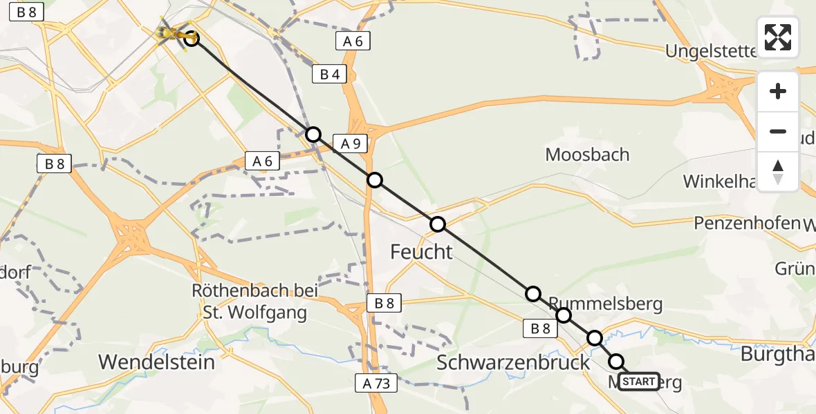 Flugroute Ambulanzhubschrauber Burgthann - Nürnberg South Hospital, 14 Juni 2026, 15:41