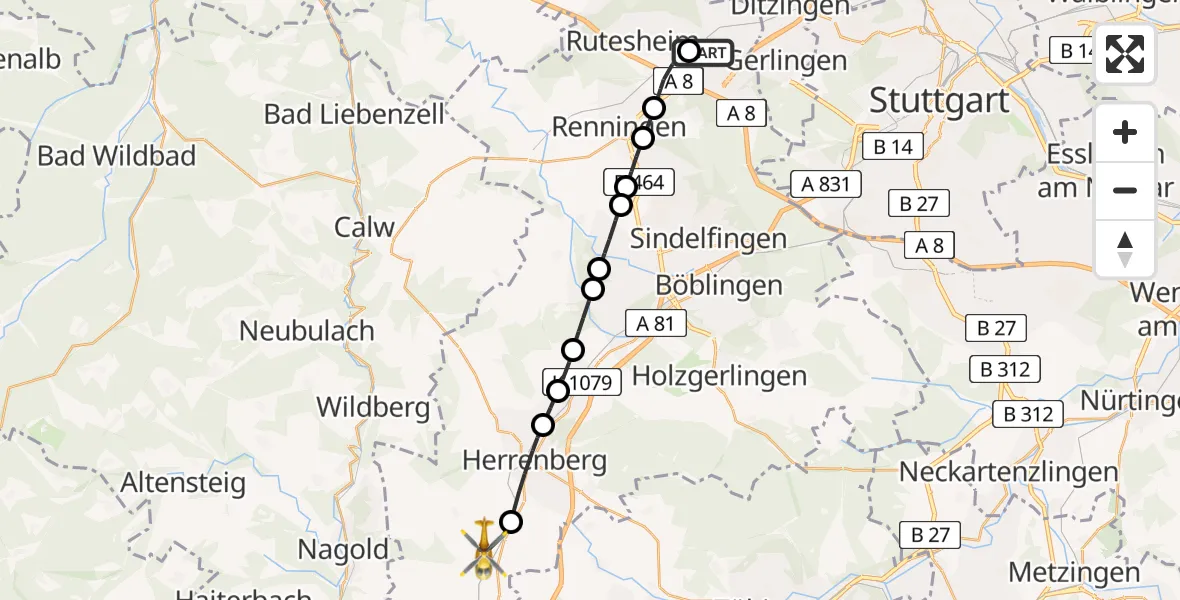Flugroute Rettungshubschrauber Leonberg Hospital - Gäufelden, 14 Juni 2026, 15:43