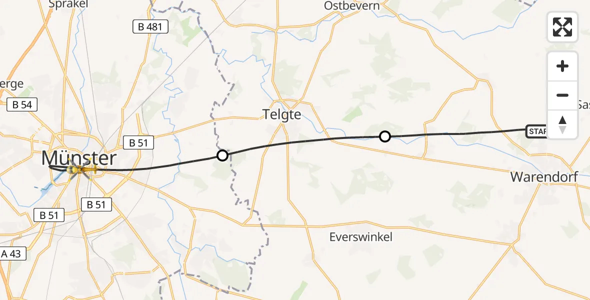 Flugroute Rettungshubschrauber Warendorf - Münster, 14 Juni 2026, 15:44