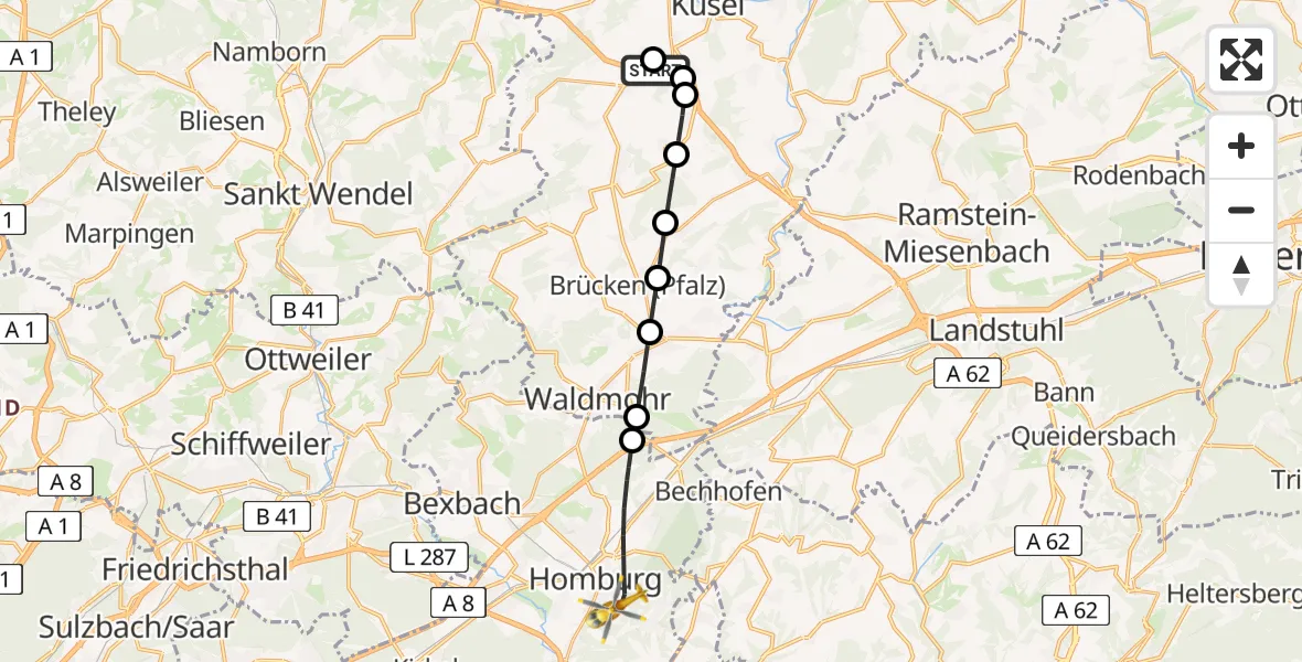 Flugroute Rettungshubschrauber Konken - Homburg, 14 Juni 2026, 15:45