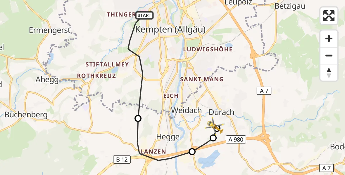 Flugroute Rettungshubschrauber Kempten (Allgäu) - Kempten-Durach Flugplatz, 14 Juni 2026, 15:46