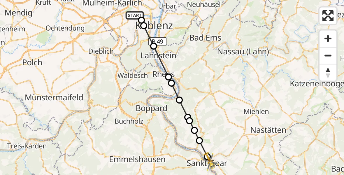 Flugroute Rettungshubschrauber Koblenz - Sankt Goarshausen, 14 Juni 2026, 16:00