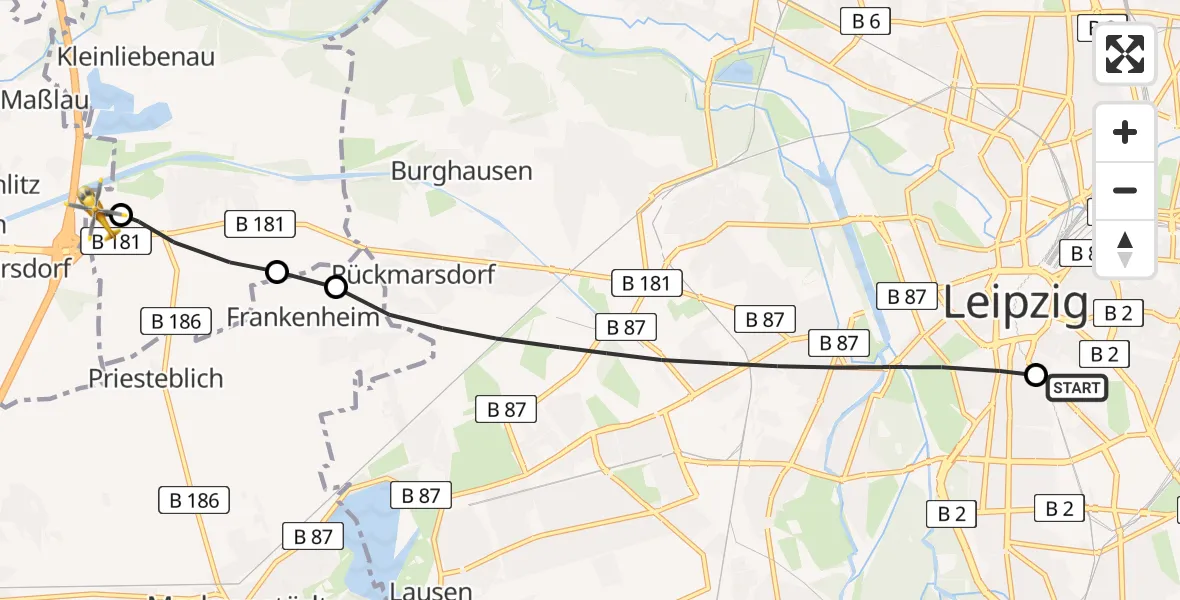 Flugroute Rettungshubschrauber Leipzig University Hospital Heliport 1 - ADAC Air Rescue Station Leipzig/Schkeuditz-Dölzig Hubschrauberlandeplatz (Christoph 61), 14 Juni 2026, 16:03