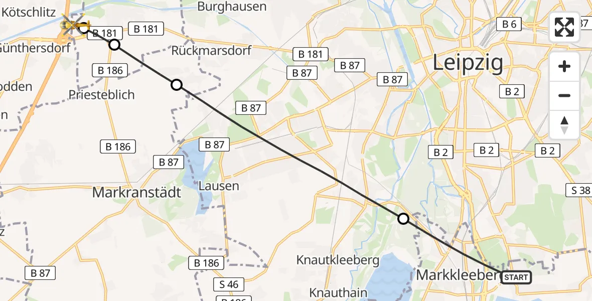 Flugroute Rettungshubschrauber Markkleeberg - ADAC Air Rescue Station Leipzig/Schkeuditz-Dölzig Hubschrauberlandeplatz (Christoph 61), 14 Juni 2026, 16:09