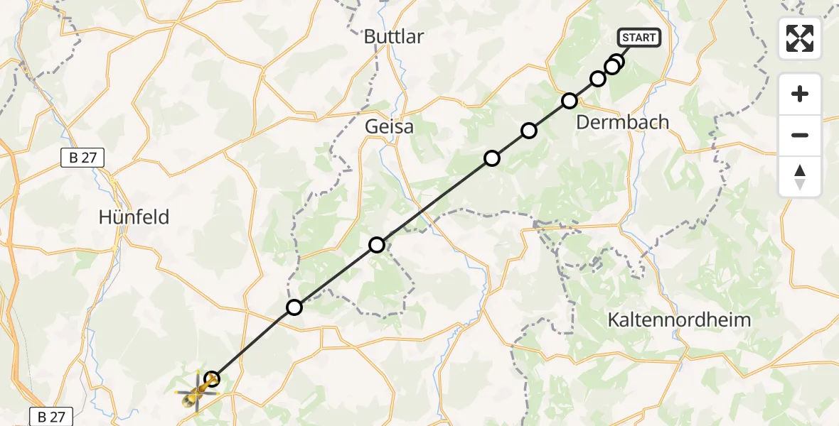 Flugroute Ambulanzhubschrauber Weilar - Hofbieber, 14 Juni 2026, 16:10